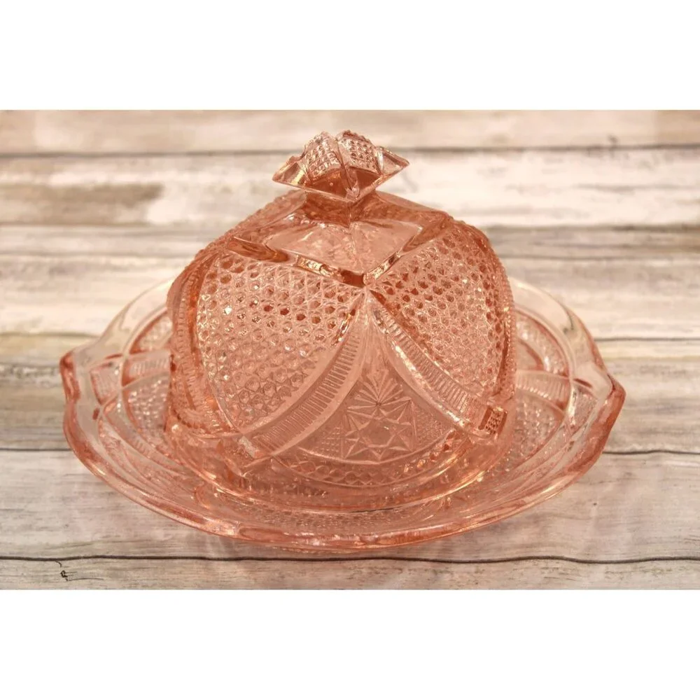 Vintage EAPG Massachusetts Pattern,‎ Pink Depression Glass, Butter Dish